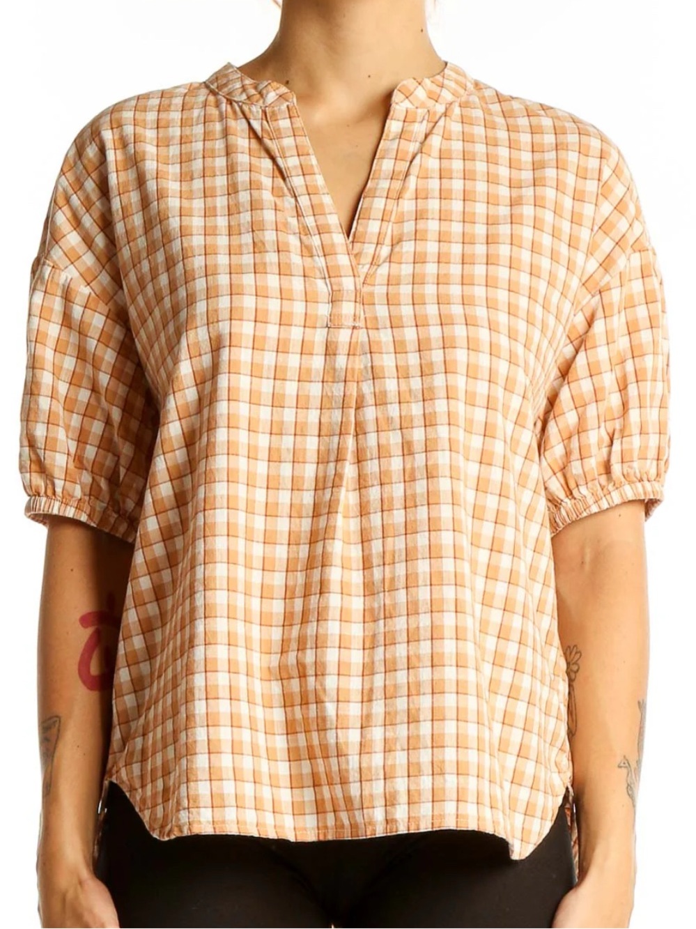 Madewell Tan and White Plaid Split-Neck Blouse